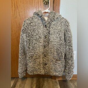 Cupio size MEDIUM grey/white sherpa button up hooded cardigan/light coat